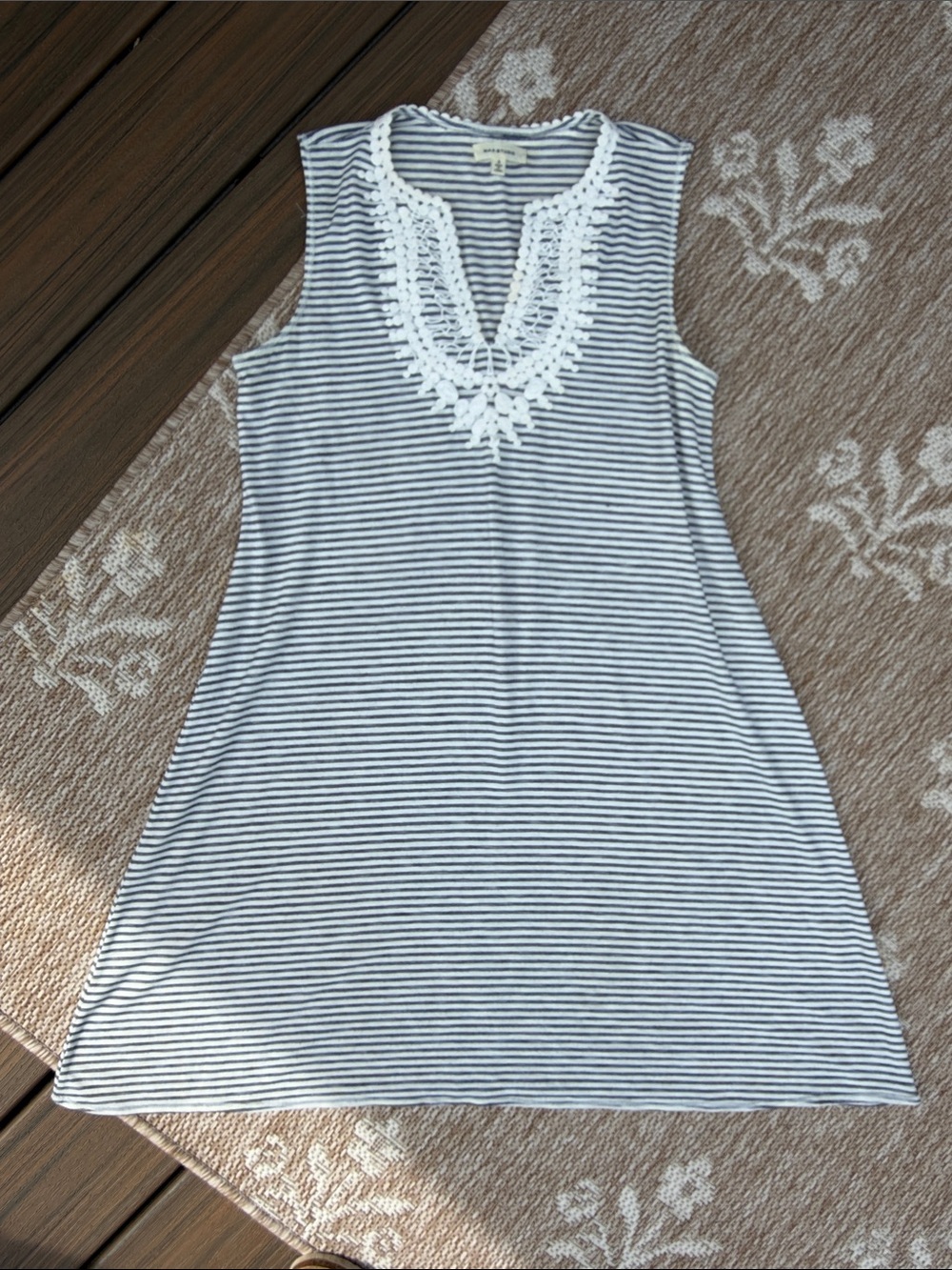 Max Studio Navy and White Striped dress with Crochet V-Front